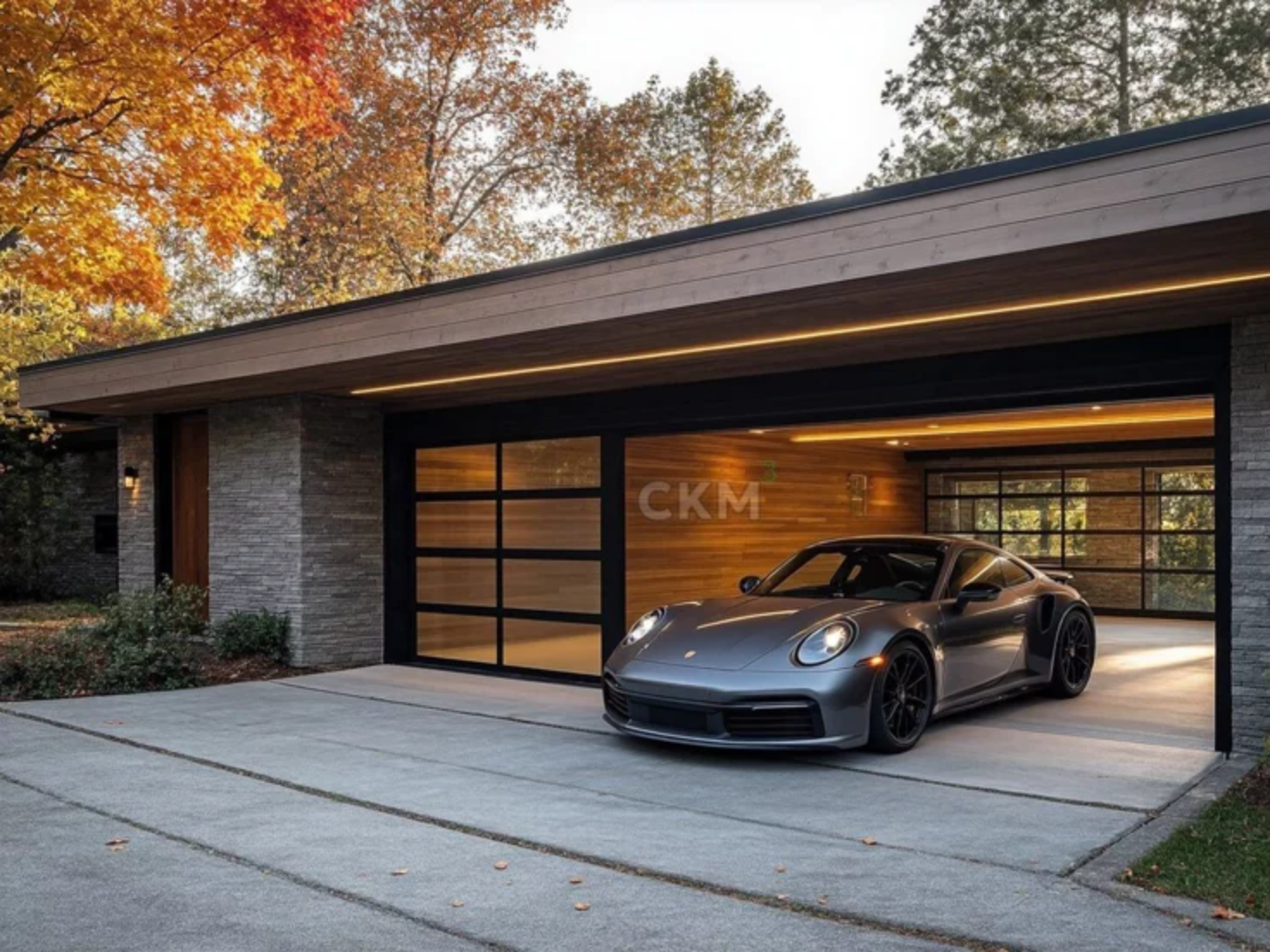 Luxury modern home with garage door and sports car
